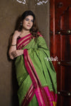 Handloom Cotton Viscose Ilkal Saree with Pure Resham Pallu - Bright Green with Rose Pink Border - verymuchindian.com