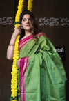 Handloom Cotton Viscose Ilkal Saree with Pure Resham Pallu - Bright Green with Rose Pink Border - verymuchindian.com
