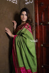Handloom Cotton Viscose Ilkal Saree with Pure Resham Pallu - Bright Green with Rose Pink Border - verymuchindian.com