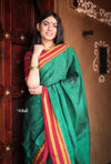 Handloom Cotton Viscose Ilkal Saree with Pure Resham Pallu - Dark Green with Red Border - verymuchindian.com