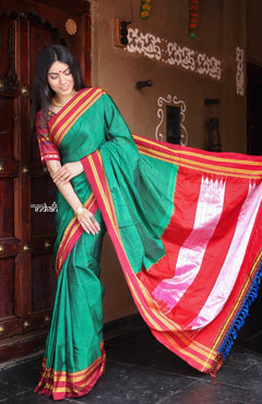 Handloom Cotton Viscose Ilkal Saree with Pure Resham Pallu - Dark Green with Red Border - verymuchindian.com