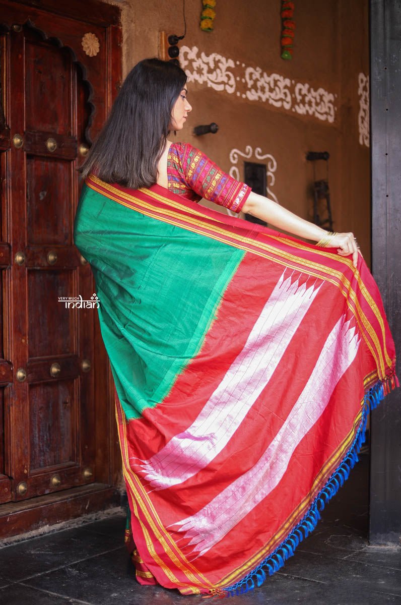 Handloom Cotton Viscose Ilkal Saree with Pure Resham Pallu - Dark Green with Red Border - verymuchindian.com