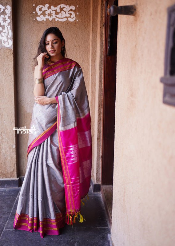Handloom Cotton Viscose Ilkal Saree with Pure Resham Pallu - Grey with Pink Border - verymuchindian.com
