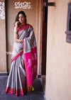 Handloom Cotton Viscose Ilkal Saree with Pure Resham Pallu - Grey with Pink Border - verymuchindian.com