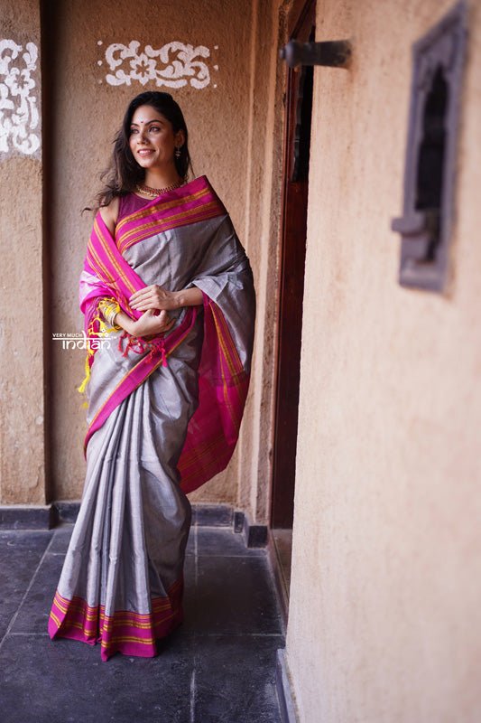 Handloom Cotton Viscose Ilkal Saree with Pure Resham Pallu - Grey with Pink Border - verymuchindian.com