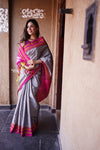 Handloom Cotton Viscose Ilkal Saree with Pure Resham Pallu - Grey with Pink Border - verymuchindian.com