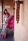 Handloom Cotton Viscose Ilkal Saree with Pure Resham Pallu - Grey with Pink Border - verymuchindian.com