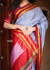 Handloom Cotton Viscose Ilkal Saree with Pure Resham Pallu - Micro Checks Grey with Red Border - verymuchindian.com