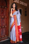 Handloom Cotton Viscose Ilkal Saree with Pure Resham Pallu - Micro Checks Grey with Red Border - verymuchindian.com