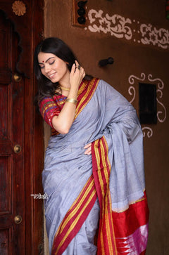Handloom Cotton Viscose Ilkal Saree with Pure Resham Pallu - Micro Checks Grey with Red Border - verymuchindian.com