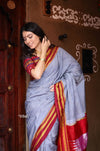 Handloom Cotton Viscose Ilkal Saree with Pure Resham Pallu - Micro Checks Grey with Red Border - verymuchindian.com