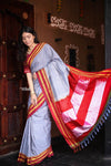 Handloom Cotton Viscose Ilkal Saree with Pure Resham Pallu - Micro Checks Grey with Red Border - verymuchindian.com