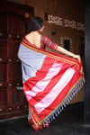 Handloom Cotton Viscose Ilkal Saree with Pure Resham Pallu - Micro Checks Grey with Red Border - verymuchindian.com