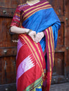 Handloom Cotton Viscose Ilkal Saree with Pure Resham Pallu - Royal Blue with Red Border - verymuchindian.com