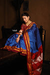 Handloom Cotton Viscose Ilkal Saree with Pure Resham Pallu - Royal Blue with Red Border - verymuchindian.com