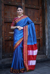 Handloom Cotton Viscose Ilkal Saree with Pure Resham Pallu - Royal Blue with Red Border - verymuchindian.com