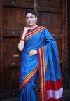 Handloom Cotton Viscose Ilkal Saree with Pure Resham Pallu - Royal Blue with Red Border - verymuchindian.com