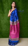 Handwoven Raw Silk Dupion Saree - Cobalt blue with Purple Pallu - verymuchindian.com