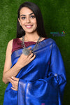 Handwoven Raw Silk Dupion Saree - Cobalt blue with Purple Pallu - verymuchindian.com