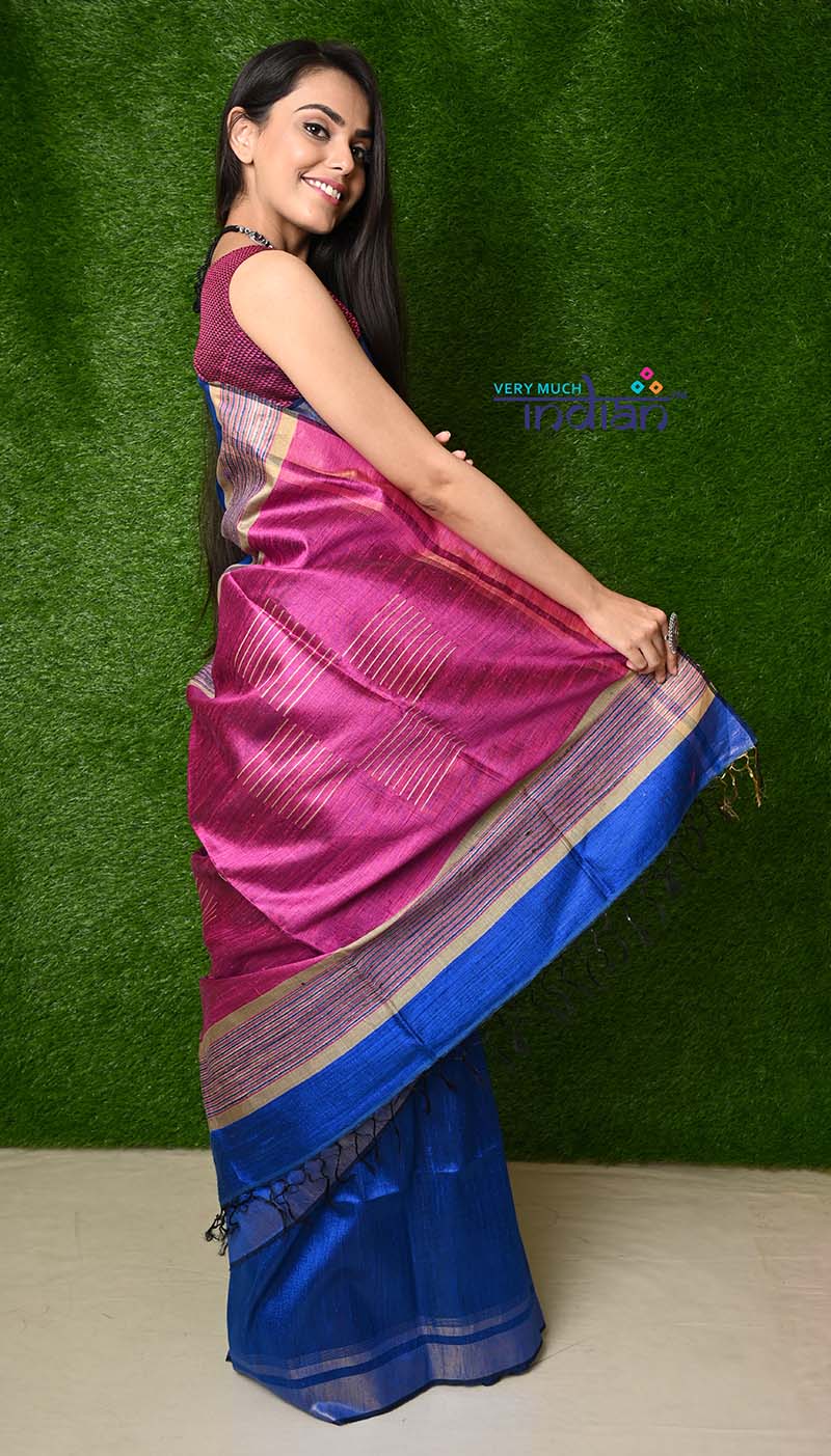 Handwoven Raw Silk Dupion Saree - Cobalt blue with Purple Pallu - verymuchindian.com