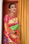 HERITAGE WEAVE ! Premium Handloom Pista Green Muniya Border Paithani With Grand Peacock Pallu - verymuchindian.com