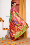 HERITAGE WEAVE ! Premium Handloom Pista Green Muniya Border Paithani With Grand Peacock Pallu - verymuchindian.com