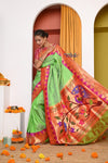 HERITAGE WEAVE ! Premium Handloom Pista Green Muniya Border Paithani With Grand Peacock Pallu - verymuchindian.com