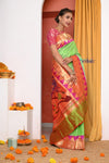 HERITAGE WEAVE ! Premium Handloom Pista Green Muniya Border Paithani With Grand Peacock Pallu - verymuchindian.com