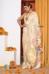 HERITAGE WEAVE ! Premium Handloom White- Golden Muniya Border Paithani With Golden Zari Work & Grand Parrot Pallu - verymuchindian.com