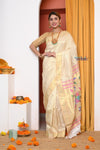HERITAGE WEAVE ! Premium Handloom White- Golden Muniya Border Paithani With Golden Zari Work & Grand Parrot Pallu - verymuchindian.com