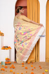 HERITAGE WEAVE ! Premium Handloom White- Golden Muniya Border Paithani With Golden Zari Work & Grand Parrot Pallu - verymuchindian.com