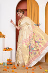 HERITAGE WEAVE ! Premium Handloom White- Golden Muniya Border Paithani With Golden Zari Work & Grand Parrot Pallu - verymuchindian.com