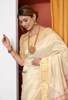 HERITAGE WEAVE ! Premium Handloom White- Golden Muniya Border Paithani With Golden Zari Work & Grand Parrot Pallu - verymuchindian.com