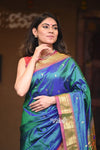 Mayur ~ Authentic Traditional Handloom Pure Silk Paithani Dual Tone Bluish Green with Light Purple Border Lotus Peacock Pallu - verymuchindian.com