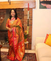 Mayur ~ Authentic Traditional Handloom Yeola Pure Silk Paithani - Dual Tone Green Pink with Pink Border and Traditional Double Pallu - verymuchindian.com