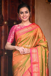 Mayur ~ Authentic Traditional Handloom Yeola Pure Silk Paithani - Dual Tone Green Pink with Pink Border and Traditional Double Pallu - verymuchindian.com