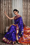 Peacock lotus pallu Pure Silk Handloom Paithani - Royal Blue (Available in small mango buttis) - verymuchindian.com