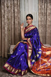 Peacock lotus pallu Pure Silk Handloom Paithani - Royal Blue (Available in small mango buttis) - verymuchindian.com
