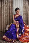 Peacock lotus pallu Pure Silk Handloom Paithani - Royal Blue (Available in small mango buttis) - verymuchindian.com