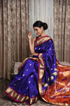 Peacock lotus pallu Pure Silk Handloom Paithani - Royal Blue (Available in small mango buttis) - verymuchindian.com