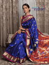 Peacock lotus pallu Pure Silk Handloom Paithani - Royal Blue (Available in small mango buttis) - verymuchindian.com