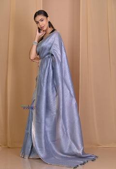 Pehal~ Authentic Grey Silk Linen Saree with Aesthetic Pallu. - verymuchindian.com