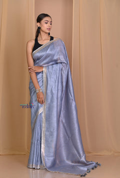 Pehal~ Authentic Grey Silk Linen Saree with Aesthetic Pallu. - verymuchindian.com