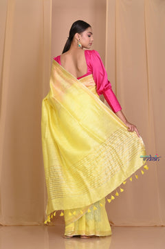 Pehal ~ Fresh Yellow Pure Linen Silk With Sleek Border - verymuchindian.com