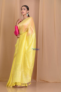 Pehal ~ Fresh Yellow Pure Linen Silk With Sleek Border - verymuchindian.com