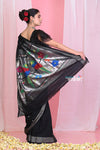 Pehal~ Traditional Adequate Black Cotton Paithani with Silver Border & Beautiful Parrot Pallu - verymuchindian.com