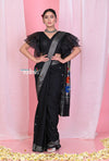 Pehal~ Traditional Adequate Black Cotton Paithani with Silver Border & Beautiful Parrot Pallu - verymuchindian.com
