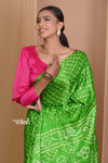 Pehal~ Traditional Blade Green Gajji silk Saree with Golden Bandhani Weave. - verymuchindian.com