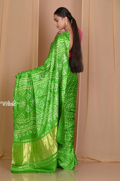 Pehal~ Traditional Blade Green Gajji silk Saree with Golden Bandhani Weave. - verymuchindian.com