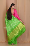 Pehal~ Traditional Blade Green Gajji silk Saree with Golden Bandhani Weave. - verymuchindian.com
